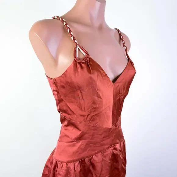 Vintage Y2K Silk Babydoll Braided Strap Sleeveless Fairy Midi Dress Rust Size 4 - Picture 1 of 11